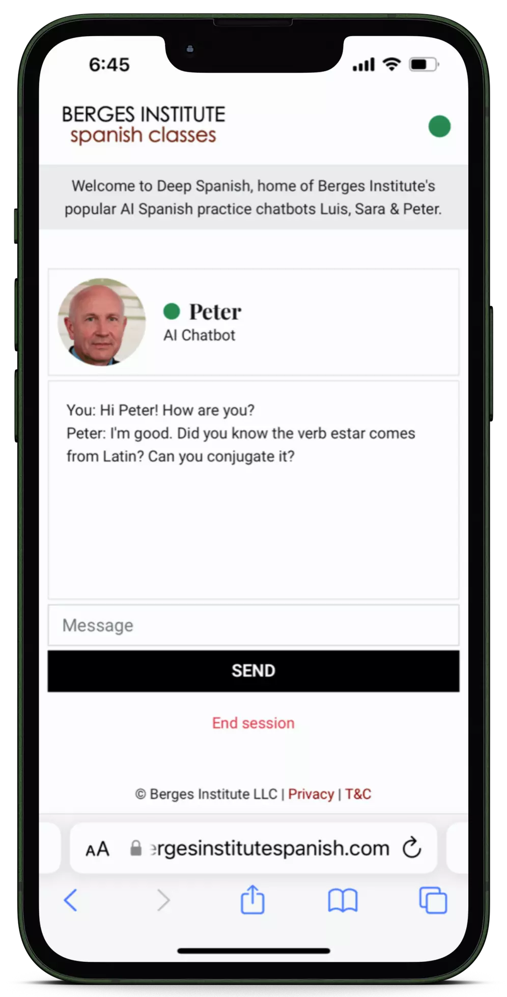 Phone mockup Peter Spanish AI chatbot