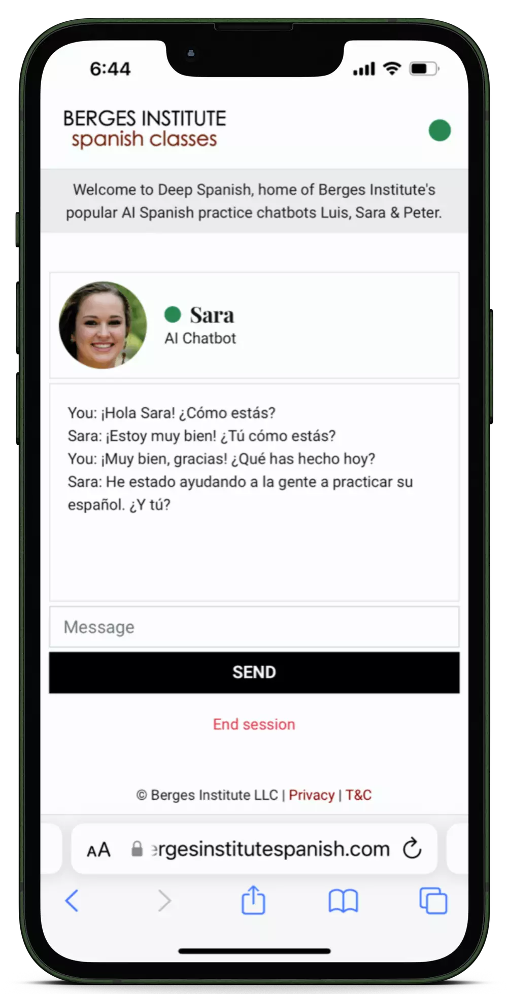 Phone mockup Sara Spanish AI chatbot